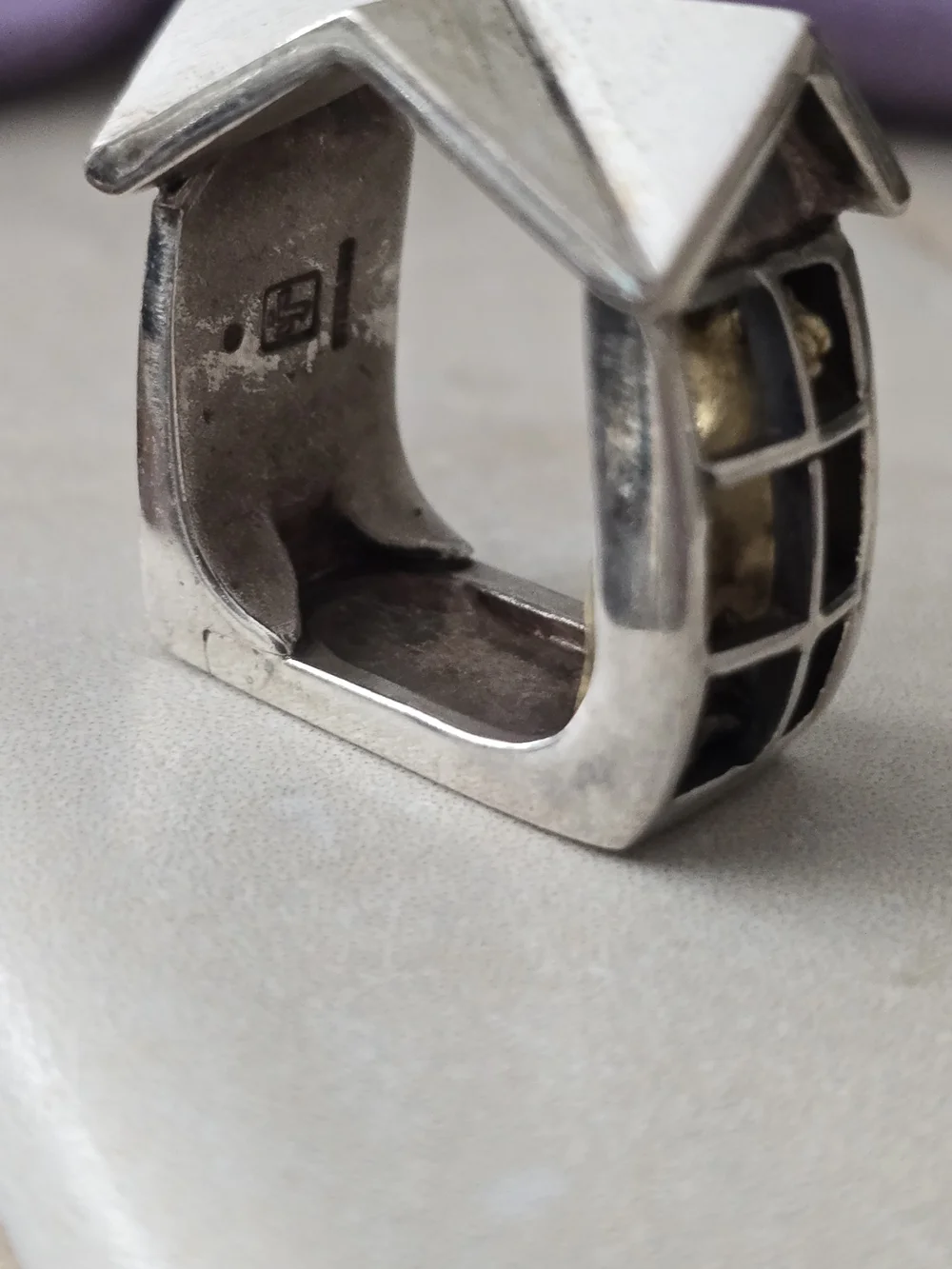 Sterling Silver Architectural House Ring with Gold Accents